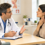Doctor consulting with a patient experiencing throat irritation, discussing symptoms of chronic cough in a bright, modern clinic.