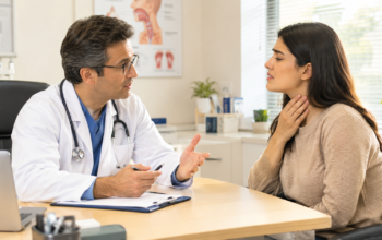 Doctor consulting with a patient experiencing throat irritation, discussing symptoms of chronic cough in a bright, modern clinic.