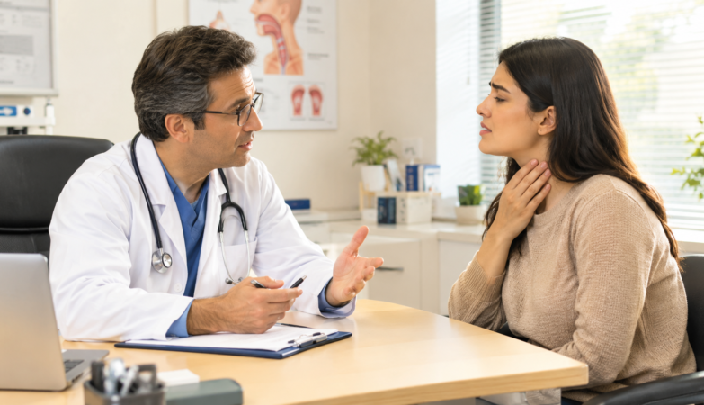 Doctor consulting with a patient experiencing throat irritation, discussing symptoms of chronic cough in a bright, modern clinic.